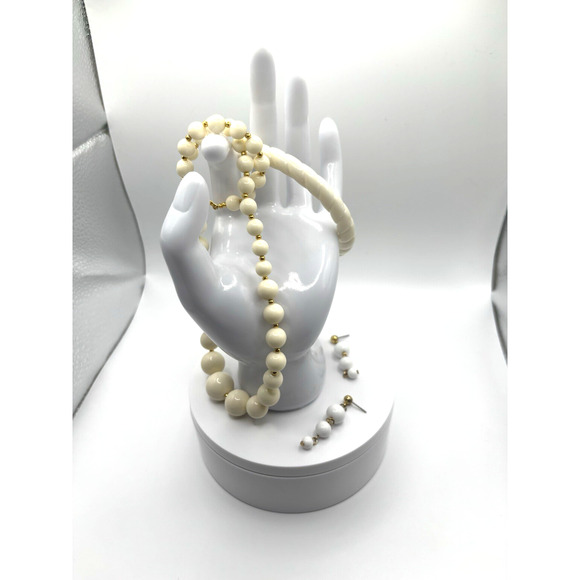 Vintage Plastic Beads Necklace Earrings & Bangle Cream Gold Tone J1-3028 - Picture 7 of 7